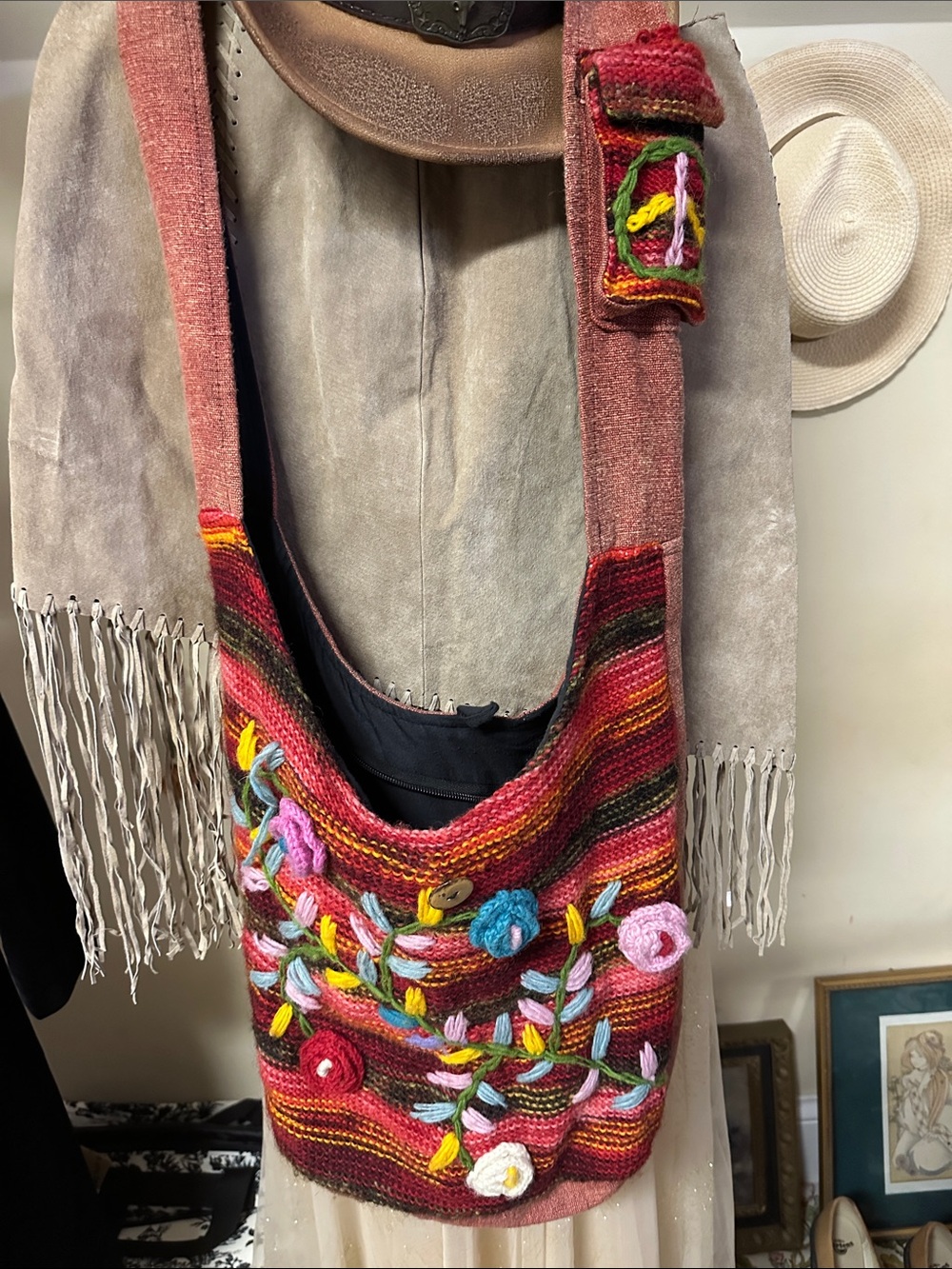 Pink Multicolor Embroidered Shoulder Bag
